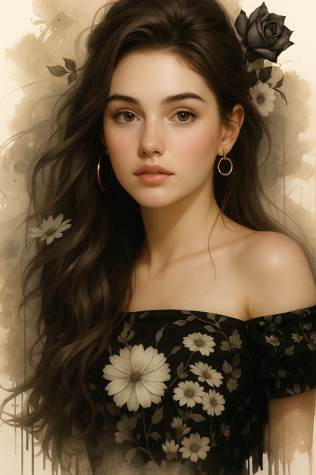 Charming girl with dark floral dress