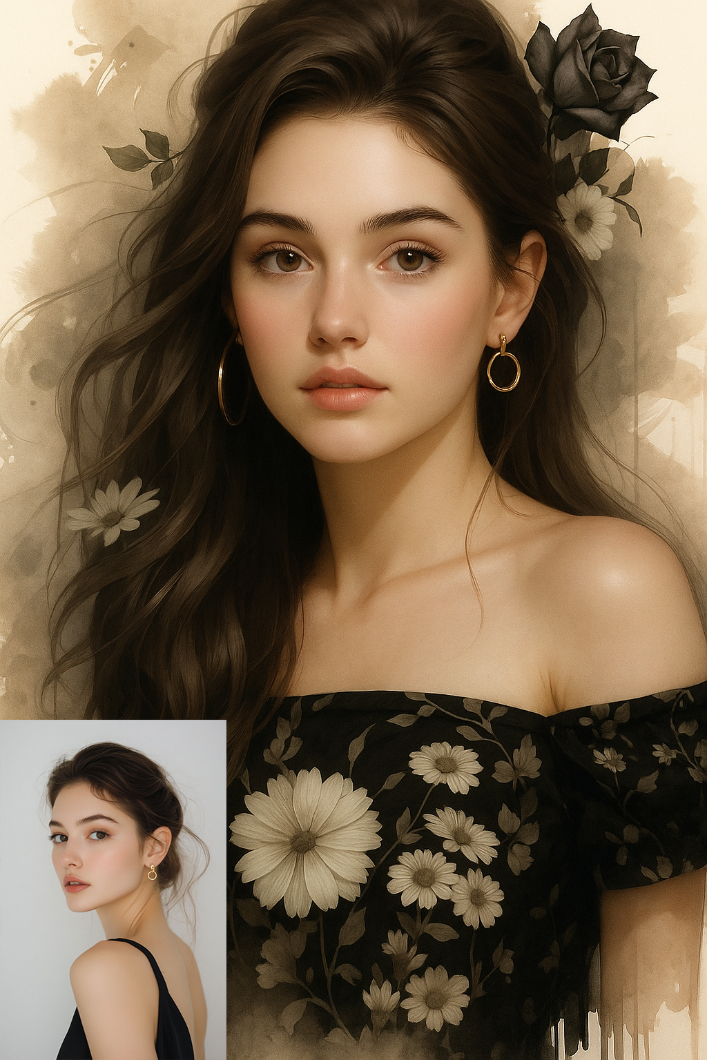 Charming girl with dark floral dress